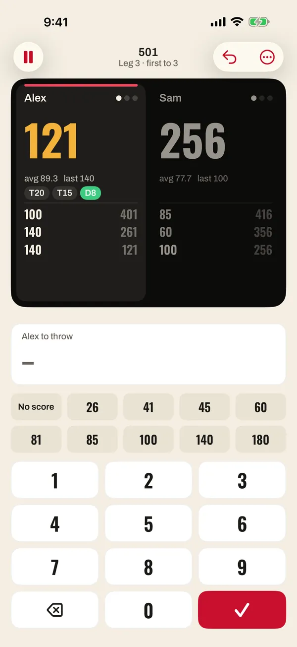 Throwline's scoreboard during a two-player 501 match: one player on a finish with the checkout route lit up under the score, the quick scores and the keypad below