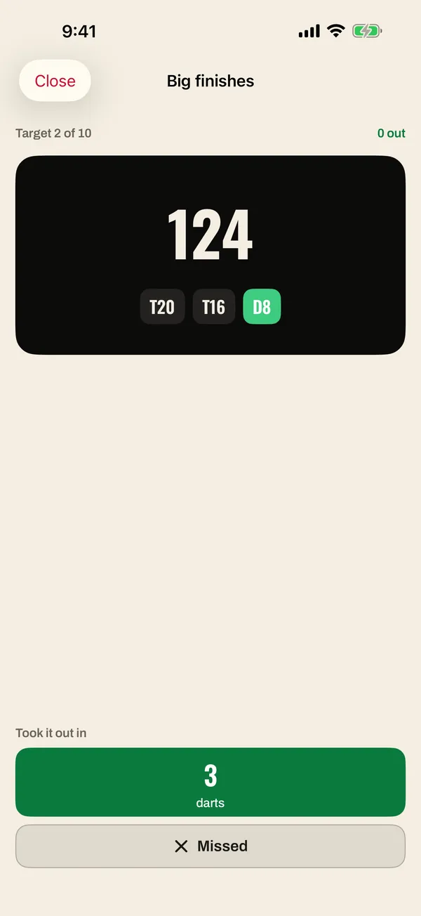 The checkout trainer: a target score with its route, and buttons to mark how it went